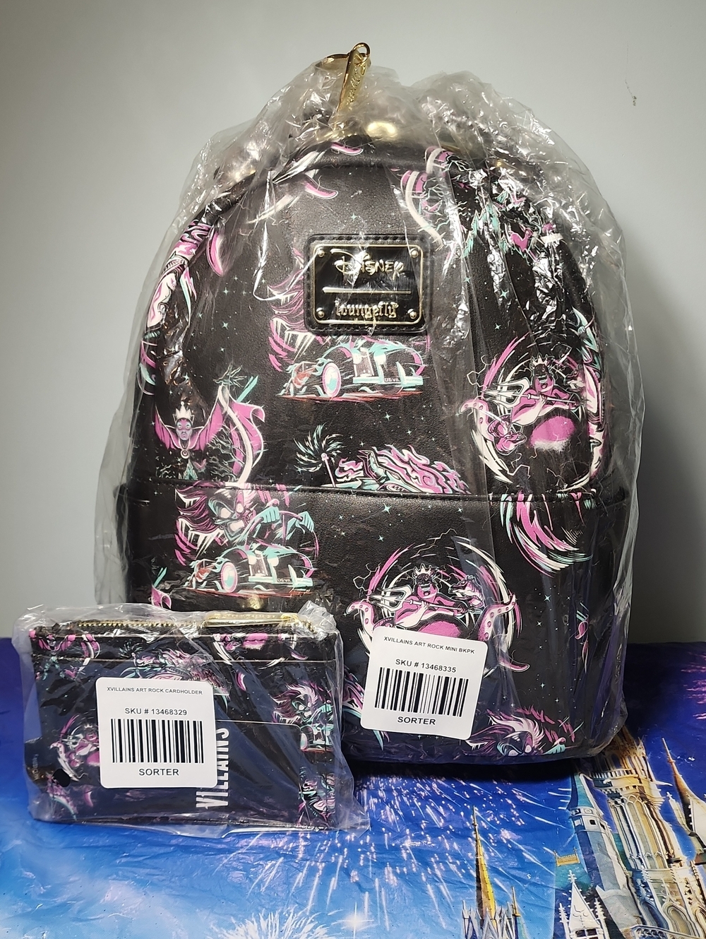 Loungefly NWT Disney Villains Graphic Design Mini Backpack & Wallet